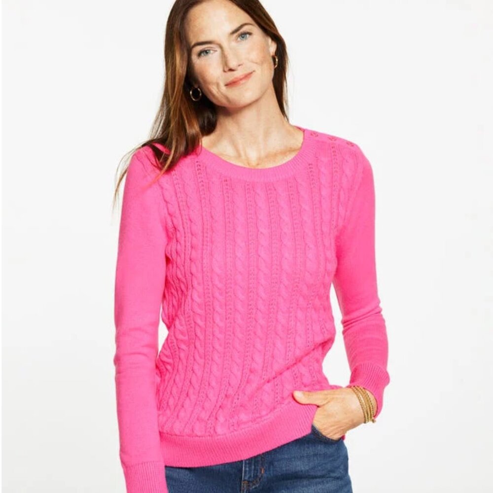 Talbots Stunning Pink Cable Knit Crewneck Sweater Womans Small Button Accent NWT